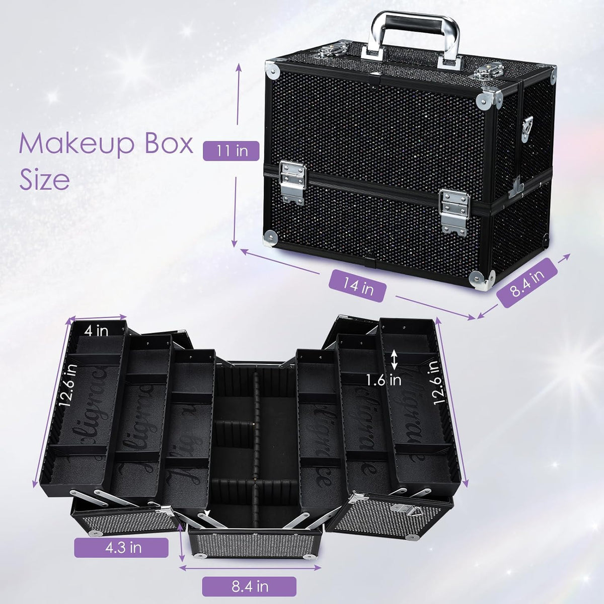 Makeup Train Case Professional Adjustable - 6 Trays Cosmetic Cases Makeup Storage Organizer Box with Lock and Compartments 14 Inch Large Black