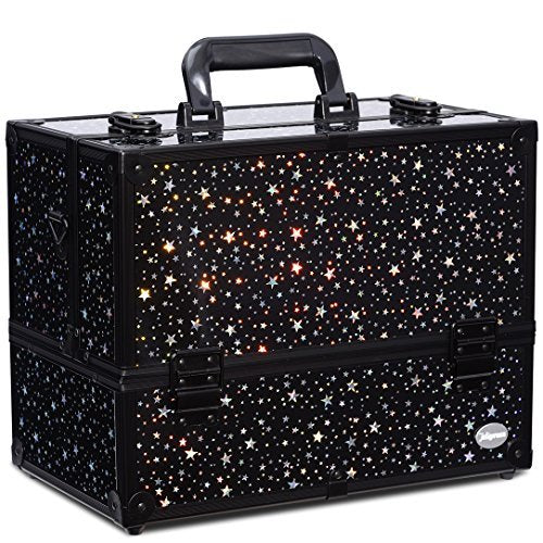 Makeup Train Case Professional Adjustable - 6 Trays Cosmetic Cases Makeup Storage Organizer Box with Lock and Compartments 14 Inch Large Black