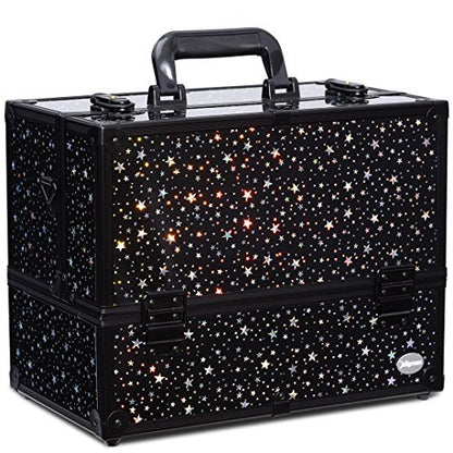 Makeup Train Case Professional Adjustable - 6 Trays Cosmetic Cases Makeup Storage Organizer Box with Lock and Compartments 14 Inch Large Black