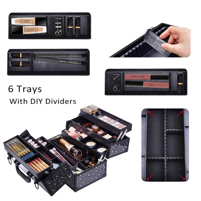 Makeup Train Case Professional Adjustable - 6 Trays Cosmetic Cases Makeup Storage Organizer Box with Lock and Compartments 14 Inch Large Black