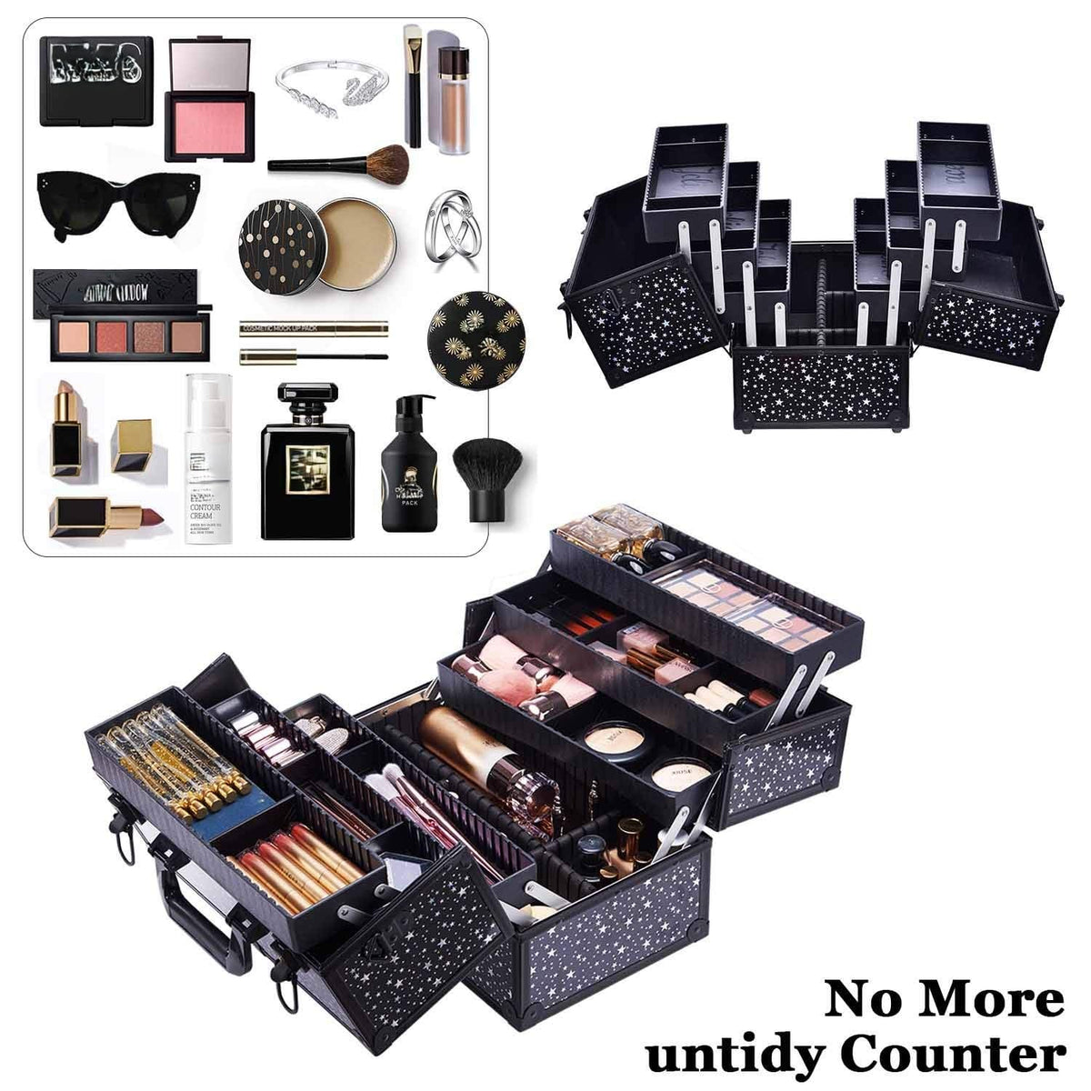 Makeup Train Case Professional Adjustable - 6 Trays Cosmetic Cases Makeup Storage Organizer Box with Lock and Compartments 14 Inch Large Black