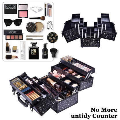 Makeup Train Case Professional Adjustable - 6 Trays Cosmetic Cases Makeup Storage Organizer Box with Lock and Compartments 14 Inch Large Black