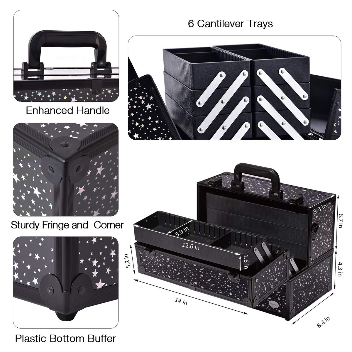 Makeup Train Case Professional Adjustable - 6 Trays Cosmetic Cases Makeup Storage Organizer Box with Lock and Compartments 14 Inch Large Black