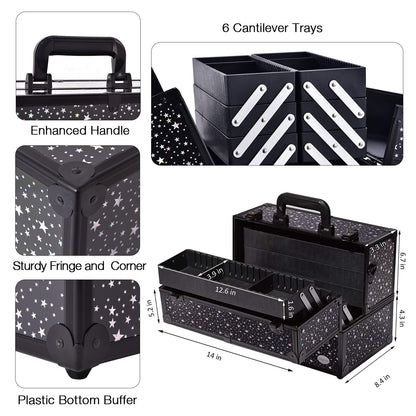Makeup Train Case Professional Adjustable - 6 Trays Cosmetic Cases Makeup Storage Organizer Box with Lock and Compartments 14 Inch Large Black