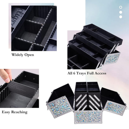 Makeup Train Case Professional Adjustable - 6 Trays Cosmetic Cases Makeup Storage Organizer Box with Lock and Compartments 14 Inch Large Black