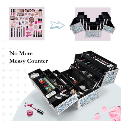 Makeup Train Case Professional Adjustable - 6 Trays Cosmetic Cases Makeup Storage Organizer Box with Lock and Compartments 14 Inch Large Black