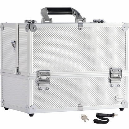Makeup Train Case Professional Adjustable - 6 Trays Cosmetic Cases Makeup Storage Organizer Box with Lock and Compartments 14 Inch Large Black