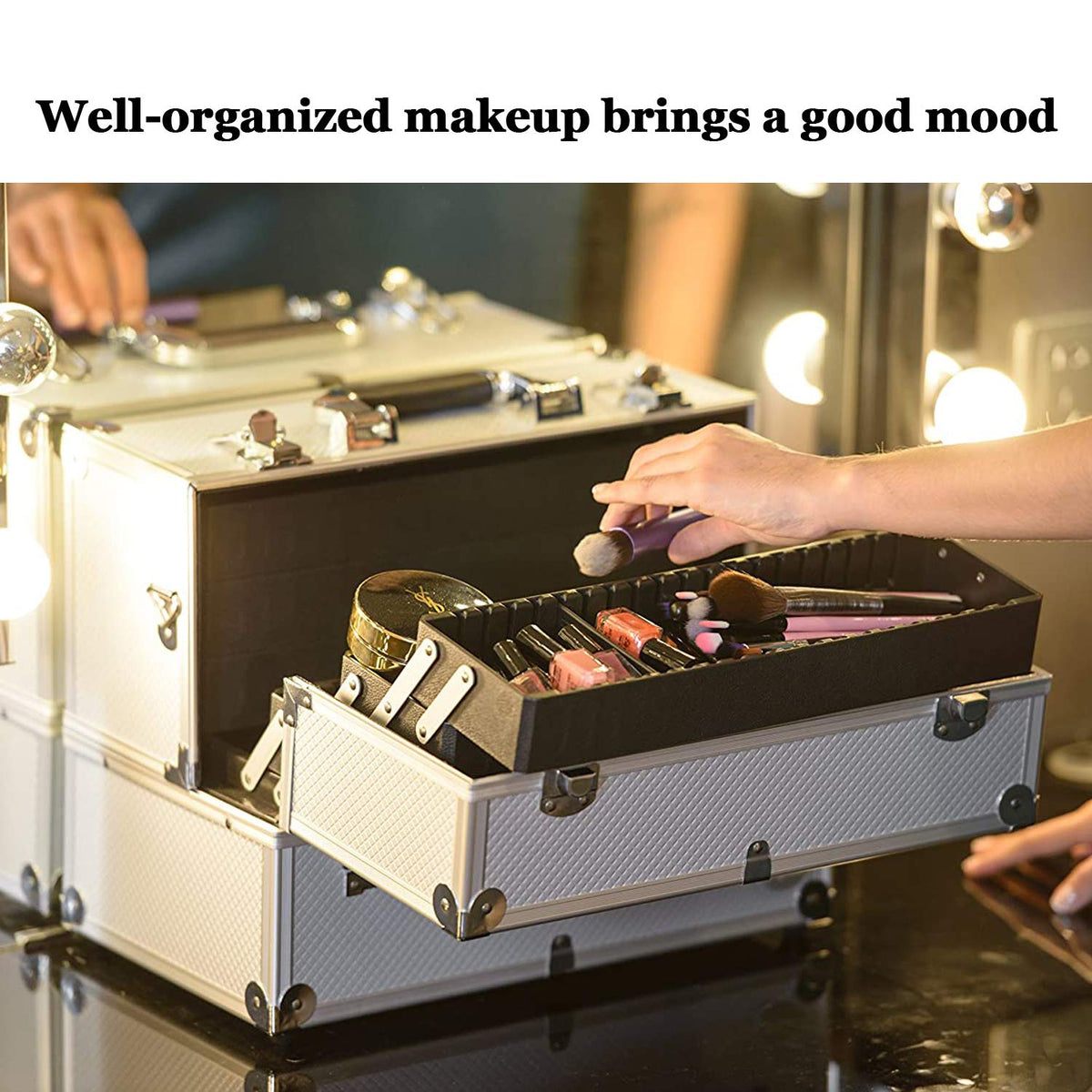 Makeup Train Case Professional Adjustable - 6 Trays Cosmetic Cases Makeup Storage Organizer Box with Lock and Compartments 14 Inch Large Black