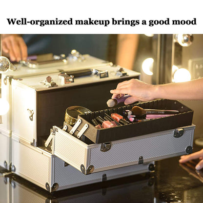 Makeup Train Case Professional Adjustable - 6 Trays Cosmetic Cases Makeup Storage Organizer Box with Lock and Compartments 14 Inch Large Black