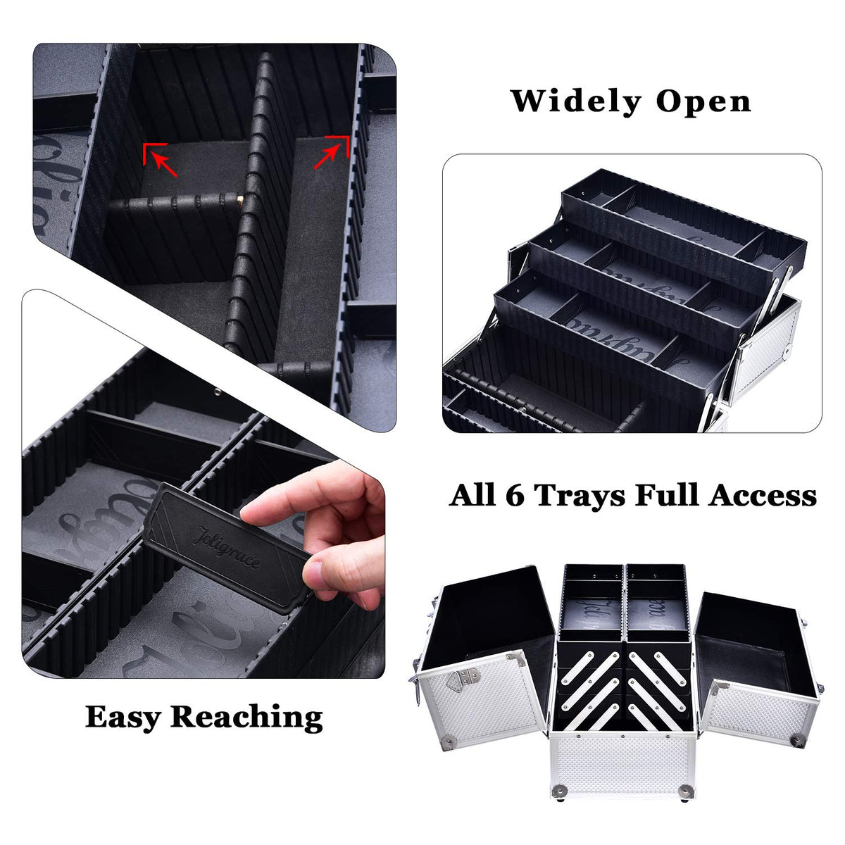 Makeup Train Case Professional Adjustable - 6 Trays Cosmetic Cases Makeup Storage Organizer Box with Lock and Compartments 14 Inch Large Black