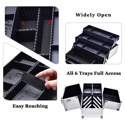 Makeup Train Case Professional Adjustable - 6 Trays Cosmetic Cases Makeup Storage Organizer Box with Lock and Compartments 14 Inch Large Black