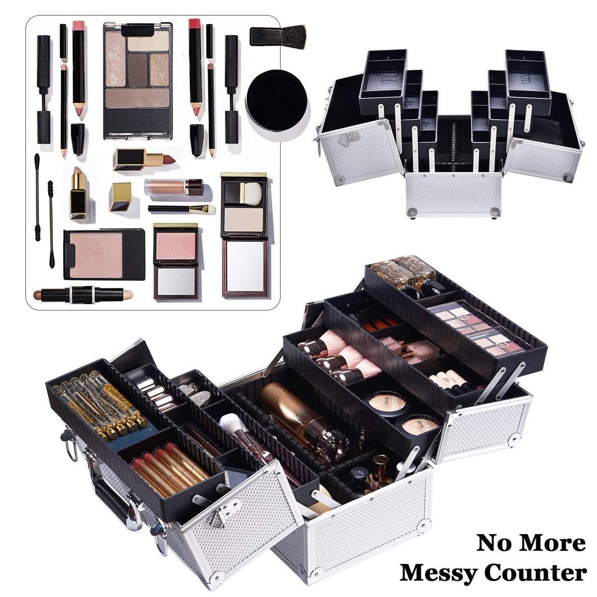 Makeup Train Case Professional Adjustable - 6 Trays Cosmetic Cases Makeup Storage Organizer Box with Lock and Compartments 14 Inch Large Black