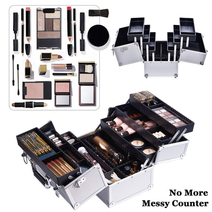 Makeup Train Case Professional Adjustable - 6 Trays Cosmetic Cases Makeup Storage Organizer Box with Lock and Compartments 14 Inch Large Black