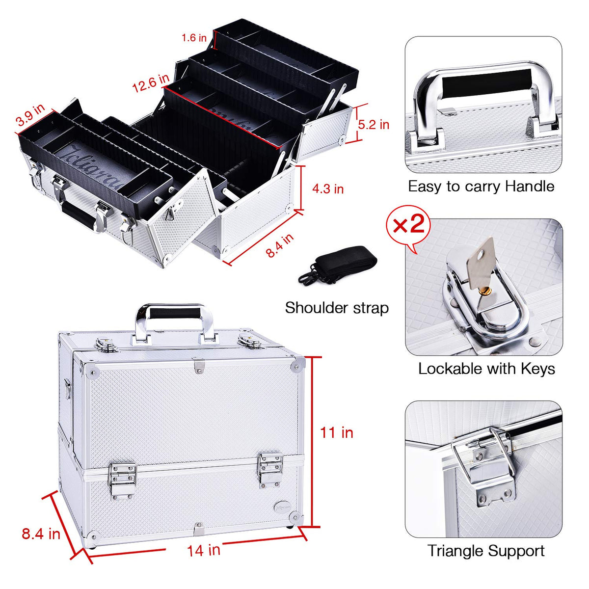 Makeup Train Case Professional Adjustable - 6 Trays Cosmetic Cases Makeup Storage Organizer Box with Lock and Compartments 14 Inch Large Black