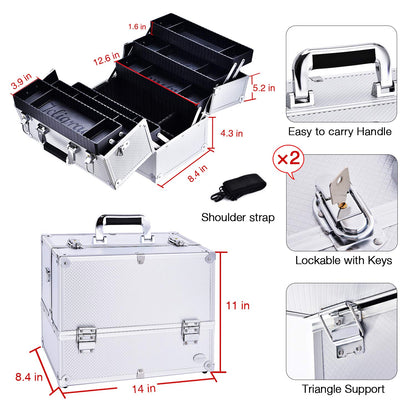Makeup Train Case Professional Adjustable - 6 Trays Cosmetic Cases Makeup Storage Organizer Box with Lock and Compartments 14 Inch Large Black