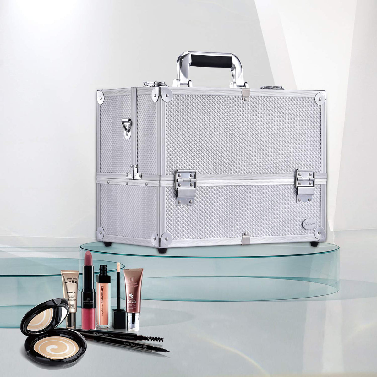 Makeup Train Case Professional Adjustable - 6 Trays Cosmetic Cases Makeup Storage Organizer Box with Lock and Compartments 14 Inch Large Black