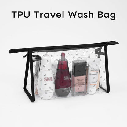 Clear TPU Toiletry Bag Set for Women & Men, 3PCS Waterproof Makeup & Skincare Organizer with Zipper, Soft Transparent Travel Cosmetic Pouch with Handle & Hanging Loop,B