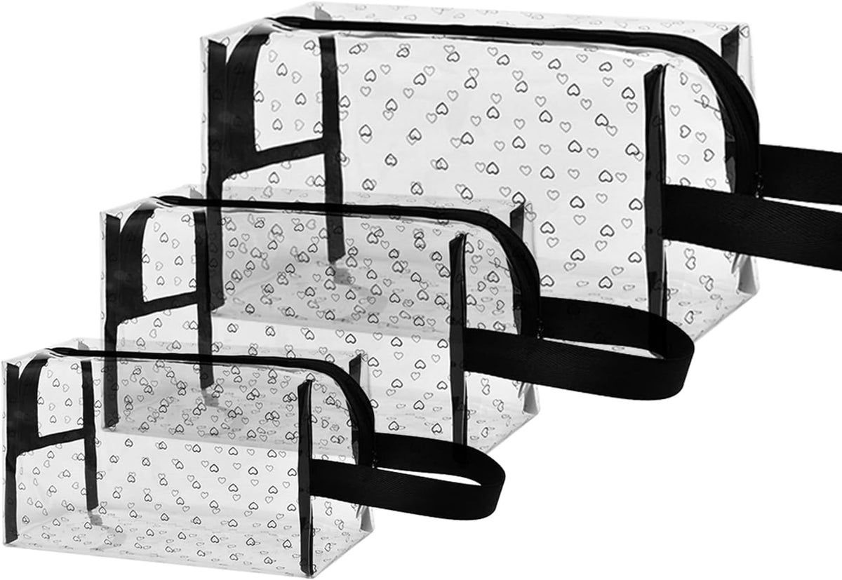 Clear TPU Toiletry Bag Set for Women & Men, 3PCS Waterproof Makeup & Skincare Organizer with Zipper, Soft Transparent Travel Cosmetic Pouch with Handle & Hanging Loop,B