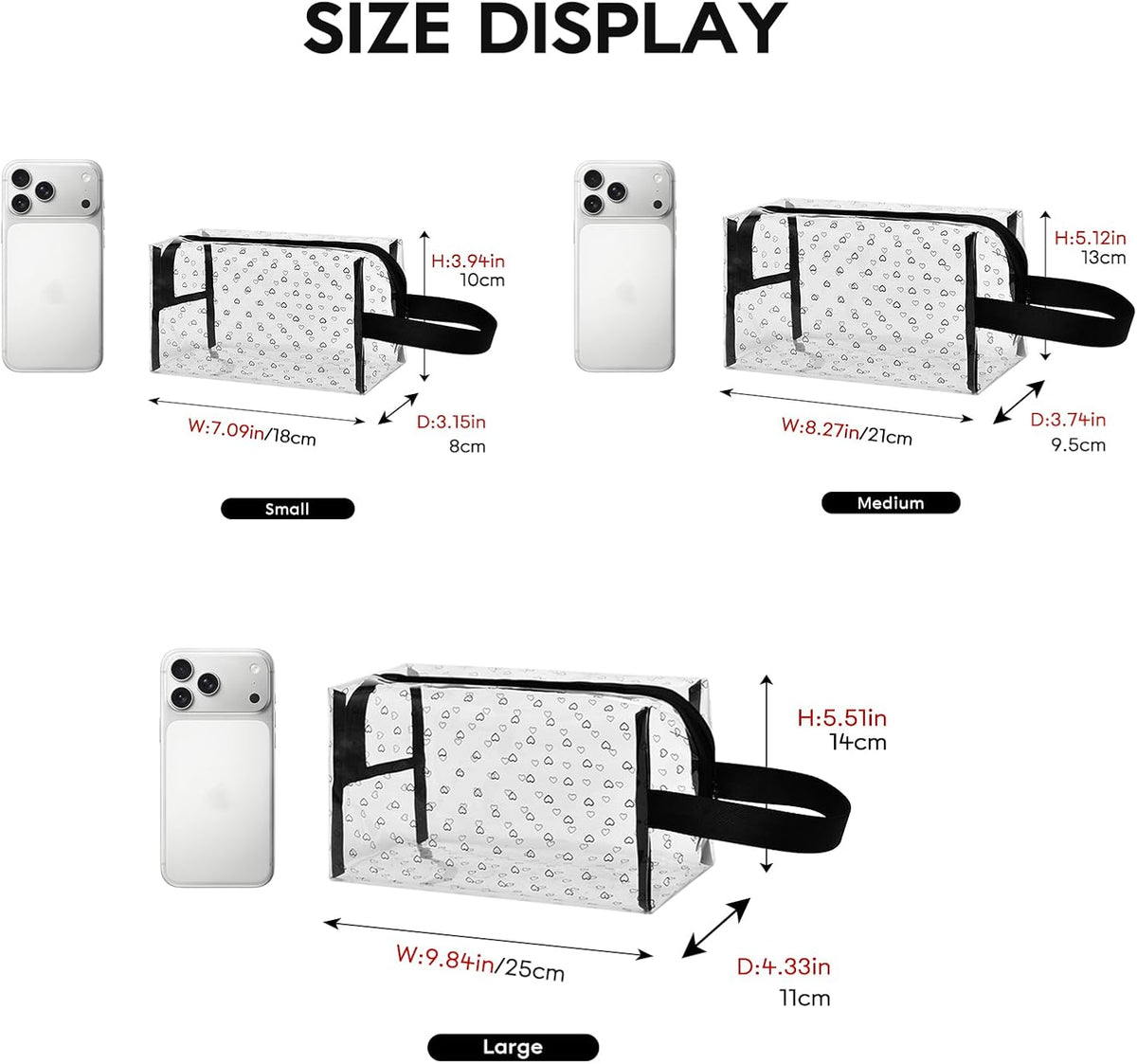 Clear TPU Toiletry Bag Set for Women & Men, 3PCS Waterproof Makeup & Skincare Organizer with Zipper, Soft Transparent Travel Cosmetic Pouch with Handle & Hanging Loop,B