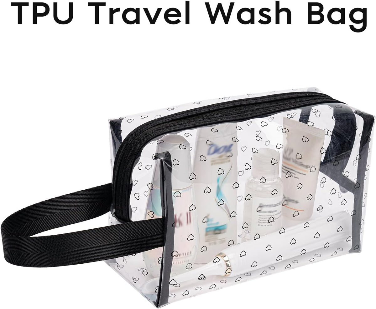 Clear TPU Toiletry Bag Set for Women & Men, 3PCS Waterproof Makeup & Skincare Organizer with Zipper, Soft Transparent Travel Cosmetic Pouch with Handle & Hanging Loop,B