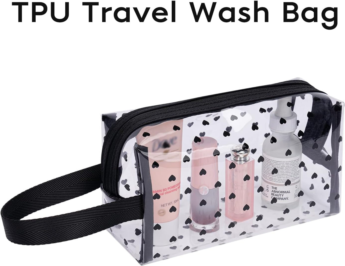 Clear TPU Toiletry Bag Set for Women & Men, 3PCS Waterproof Makeup & Skincare Organizer with Zipper, Soft Transparent Travel Cosmetic Pouch with Handle & Hanging Loop,B
