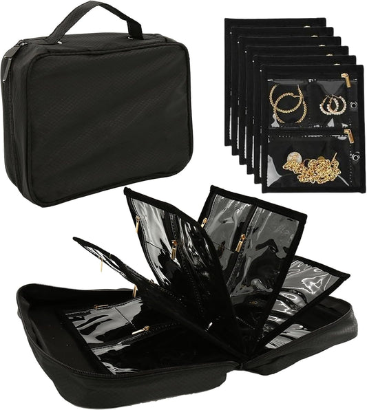 Jewelry Travel Case - Jewelry Organizer Travel with 24 Clear Zipper Pouch & Lining | Secure Storage for Earrings, Rings, Necklaces & Bracelets | Portable ＆ Compact, Perfect for Women Traveling