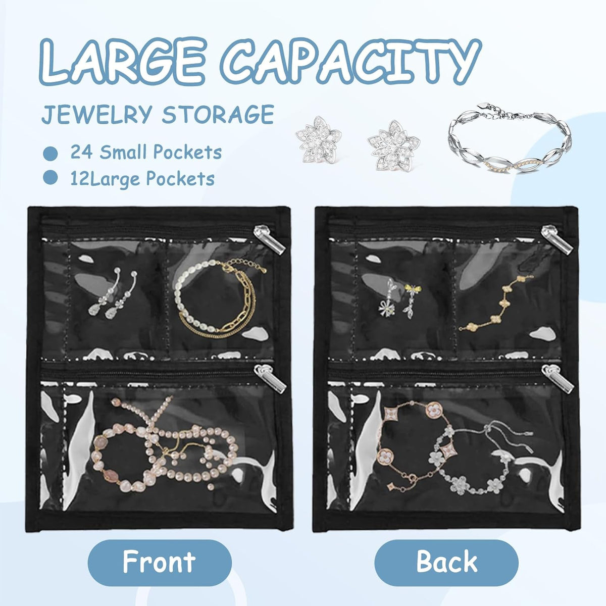Jewelry Travel Case - Jewelry Organizer Travel with 24 Clear Zipper Pouch & Lining | Secure Storage for Earrings, Rings, Necklaces & Bracelets | Portable ＆ Compact, Perfect for Women Traveling