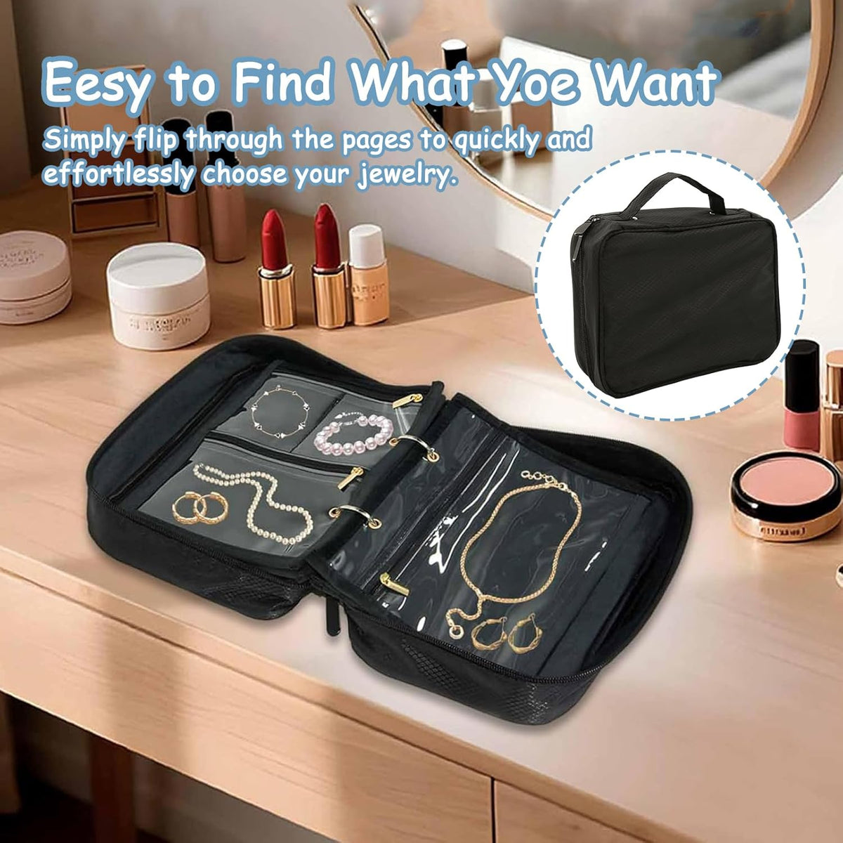 Jewelry Travel Case - Jewelry Organizer Travel with 24 Clear Zipper Pouch & Lining | Secure Storage for Earrings, Rings, Necklaces & Bracelets | Portable ＆ Compact, Perfect for Women Traveling