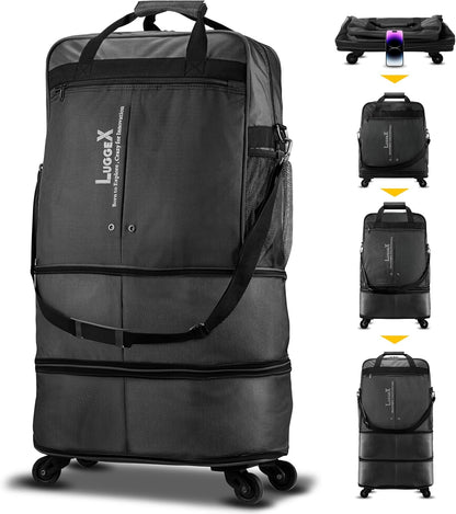 LUGGEX Travel Duffel Bags, Expandable Collapsible Luggage with Spinner Wheels, Lightweight, without Telescopic Handle, Large Capacity Suitcases with Wheel for Men Women (Blue, 55L-113L)
