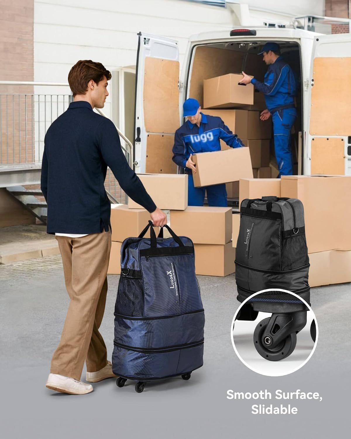 LUGGEX Travel Duffel Bags, Expandable Collapsible Luggage with Spinner Wheels, Lightweight, without Telescopic Handle, Large Capacity Suitcases with Wheel for Men Women (Blue, 55L-113L)