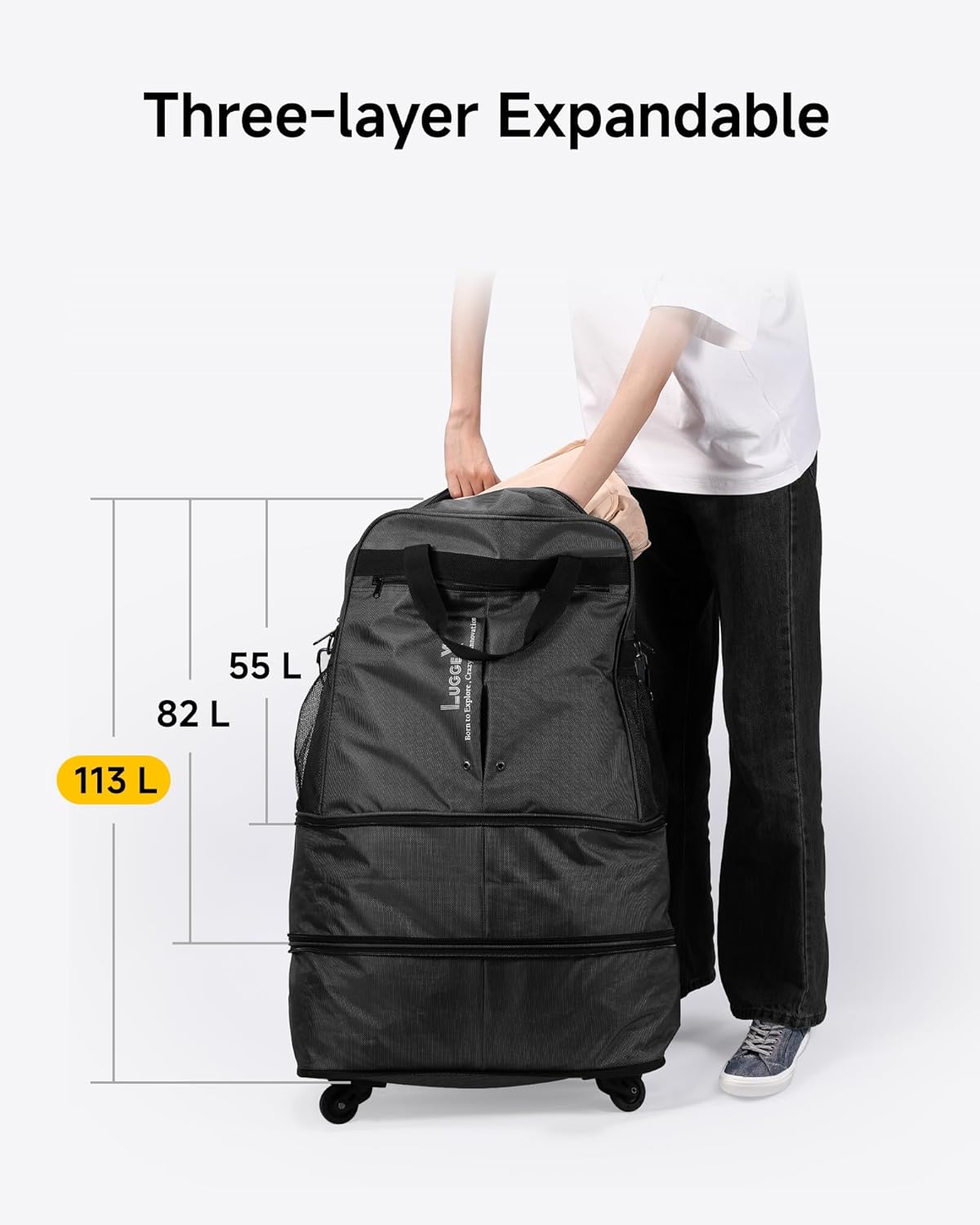 LUGGEX Travel Duffel Bags, Expandable Collapsible Luggage with Spinner Wheels, Lightweight, without Telescopic Handle, Large Capacity Suitcases with Wheel for Men Women (Blue, 55L-113L)