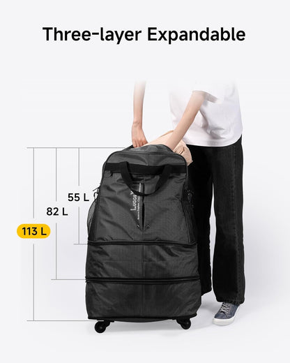 LUGGEX Travel Duffel Bags, Expandable Collapsible Luggage with Spinner Wheels, Lightweight, without Telescopic Handle, Large Capacity Suitcases with Wheel for Men Women (Blue, 55L-113L)