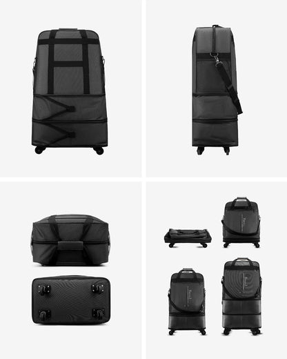 LUGGEX Travel Duffel Bags, Expandable Collapsible Luggage with Spinner Wheels, Lightweight, without Telescopic Handle, Large Capacity Suitcases with Wheel for Men Women (Blue, 55L-113L)