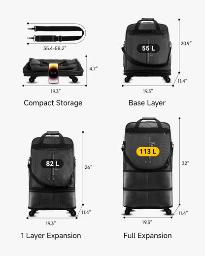 LUGGEX Travel Duffel Bags, Expandable Collapsible Luggage with Spinner Wheels, Lightweight, without Telescopic Handle, Large Capacity Suitcases with Wheel for Men Women (Blue, 55L-113L)