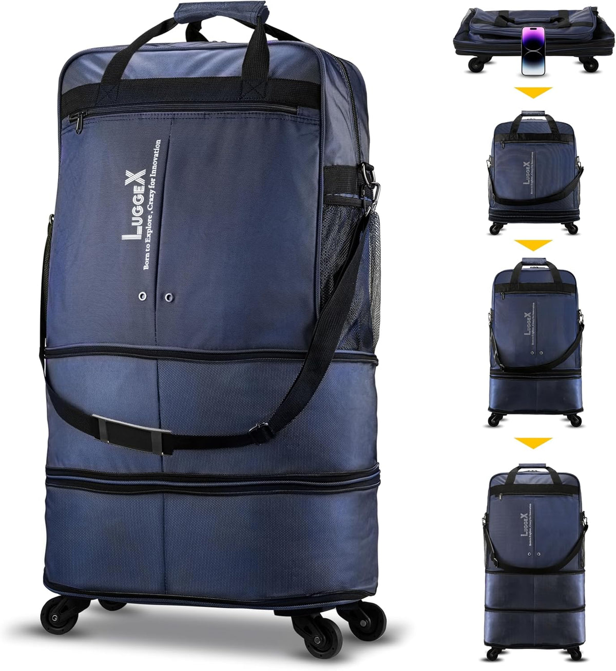 LUGGEX Travel Duffel Bags, Expandable Collapsible Luggage with Spinner Wheels, Lightweight, without Telescopic Handle, Large Capacity Suitcases with Wheel for Men Women (Blue, 55L-113L)