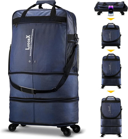 LUGGEX Travel Duffel Bags, Expandable Collapsible Luggage with Spinner Wheels, Lightweight, without Telescopic Handle, Large Capacity Suitcases with Wheel for Men Women (Blue, 55L-113L)