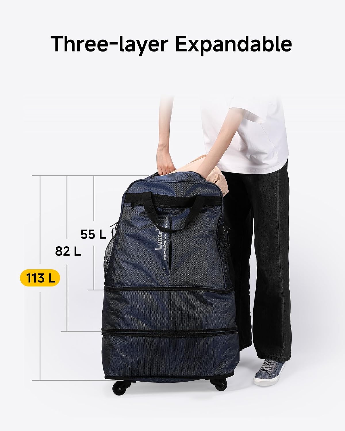 LUGGEX Travel Duffel Bags, Expandable Collapsible Luggage with Spinner Wheels, Lightweight, without Telescopic Handle, Large Capacity Suitcases with Wheel for Men Women (Blue, 55L-113L)