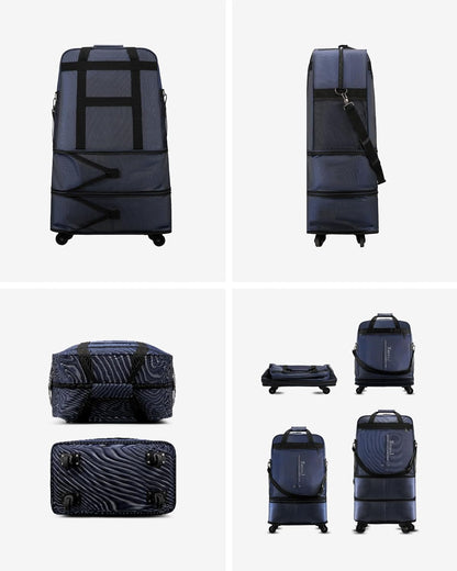 LUGGEX Travel Duffel Bags, Expandable Collapsible Luggage with Spinner Wheels, Lightweight, without Telescopic Handle, Large Capacity Suitcases with Wheel for Men Women (Blue, 55L-113L)