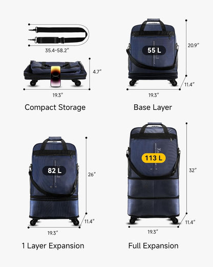 LUGGEX Travel Duffel Bags, Expandable Collapsible Luggage with Spinner Wheels, Lightweight, without Telescopic Handle, Large Capacity Suitcases with Wheel for Men Women (Blue, 55L-113L)