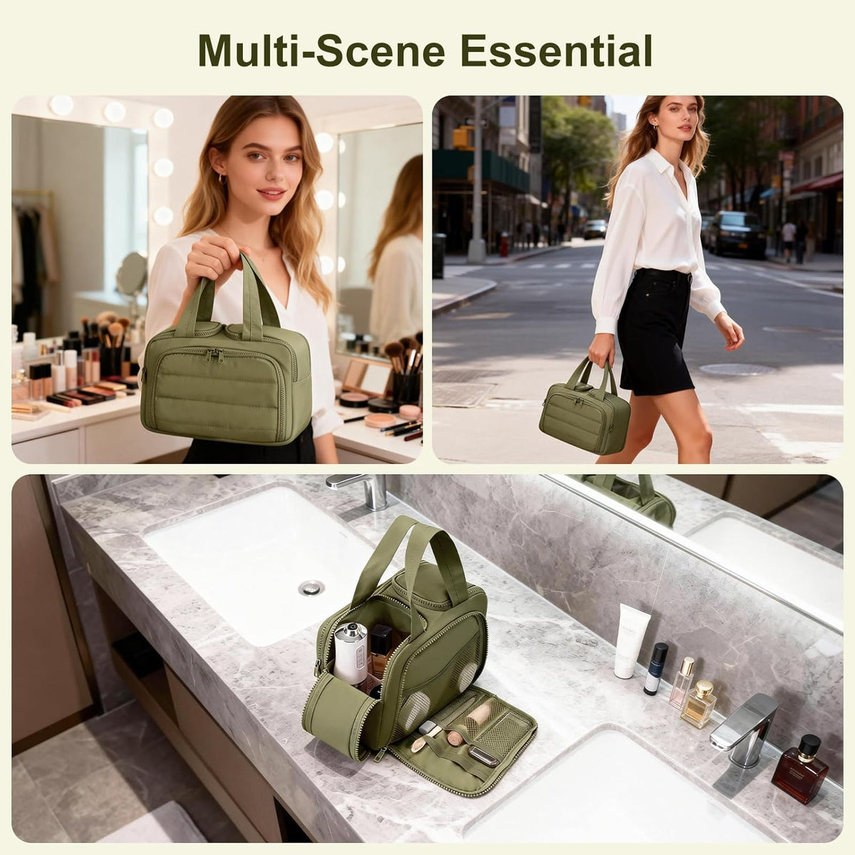 Travel Makeup Bag, Portable Travel Bag with Hanging Hook for Women, Waterproof and Hanging Toiletry Bags Travel Organizer Accessories for Travel Essentials,Green
