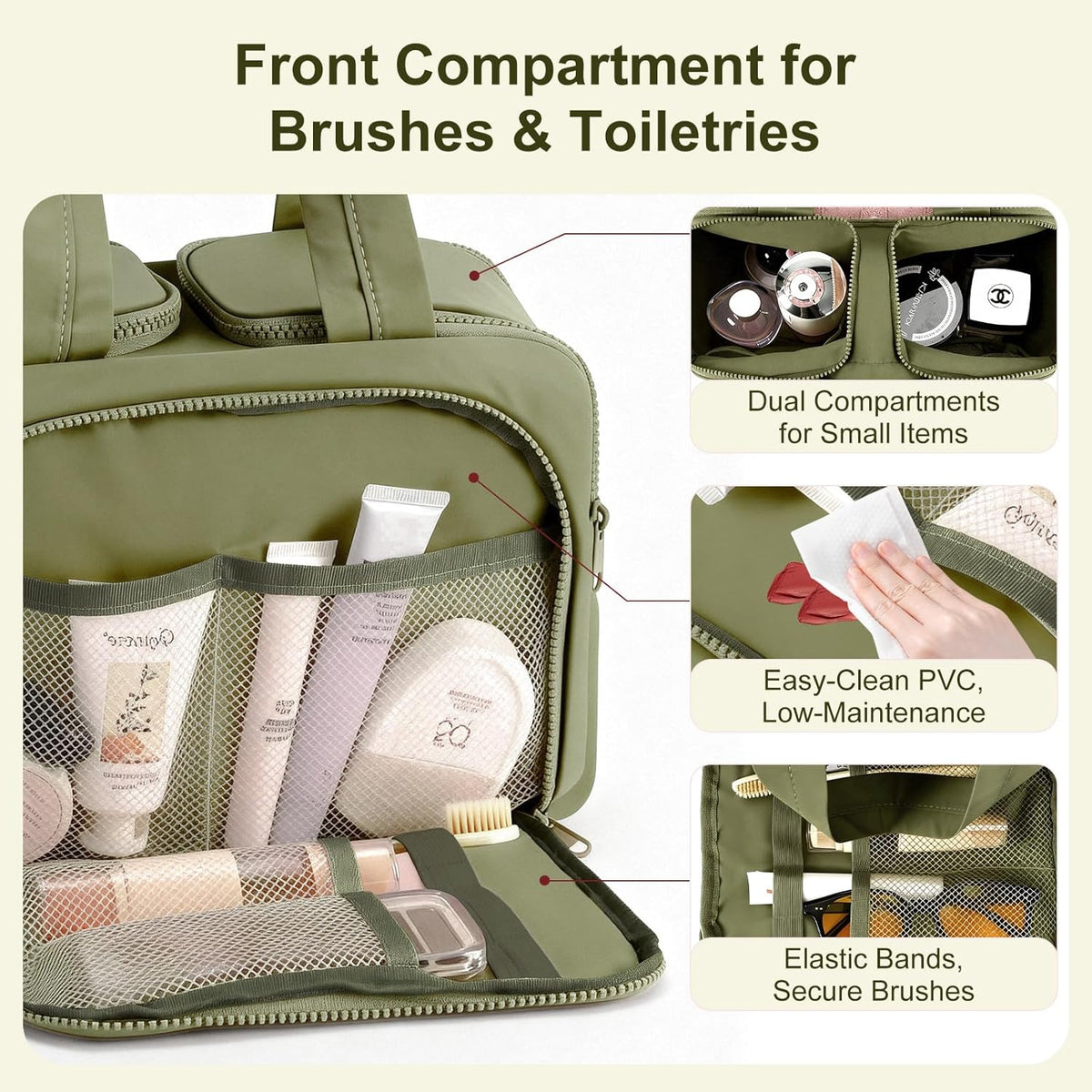 Travel Makeup Bag, Portable Travel Bag with Hanging Hook for Women, Waterproof and Hanging Toiletry Bags Travel Organizer Accessories for Travel Essentials,Green