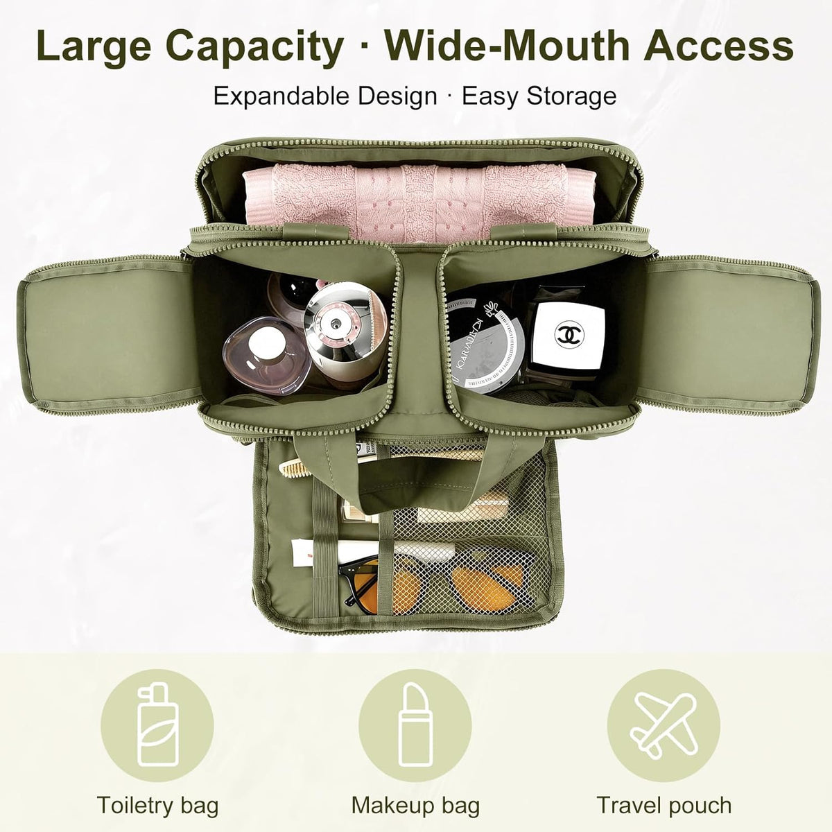 Travel Makeup Bag, Portable Travel Bag with Hanging Hook for Women, Waterproof and Hanging Toiletry Bags Travel Organizer Accessories for Travel Essentials,Green