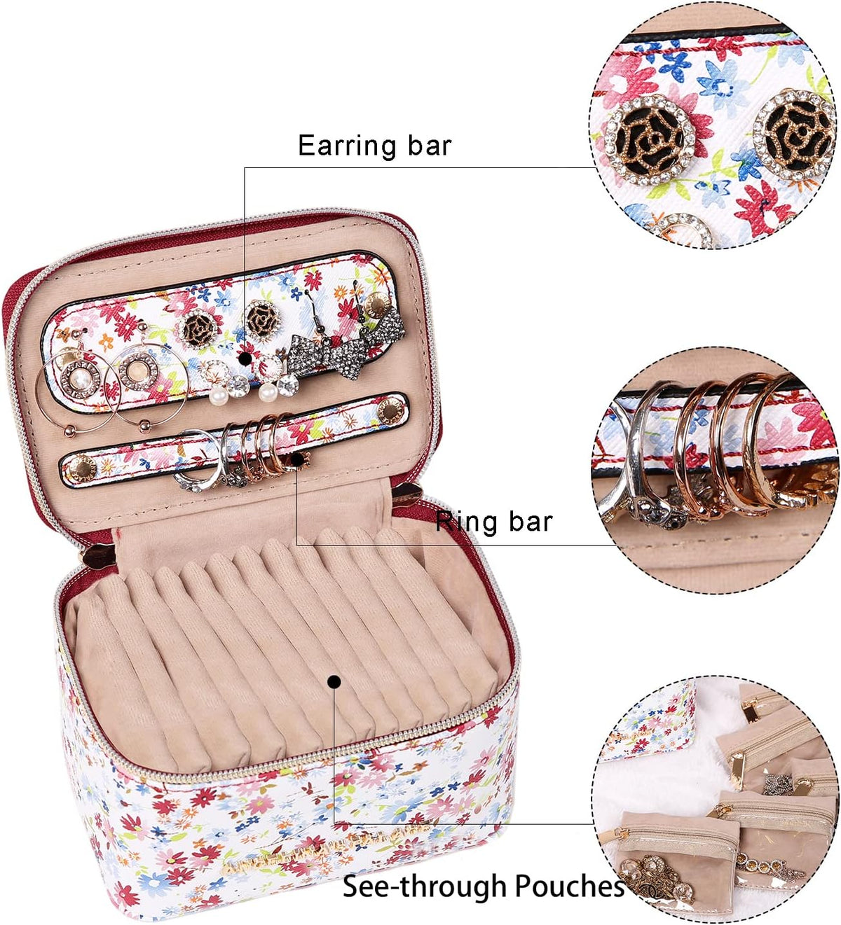 Jewelry Organizer Case Bridesmaid Gifts Travel Bag Vegan Leather Box for Necklace Earring Bracelet Ring(champagne)