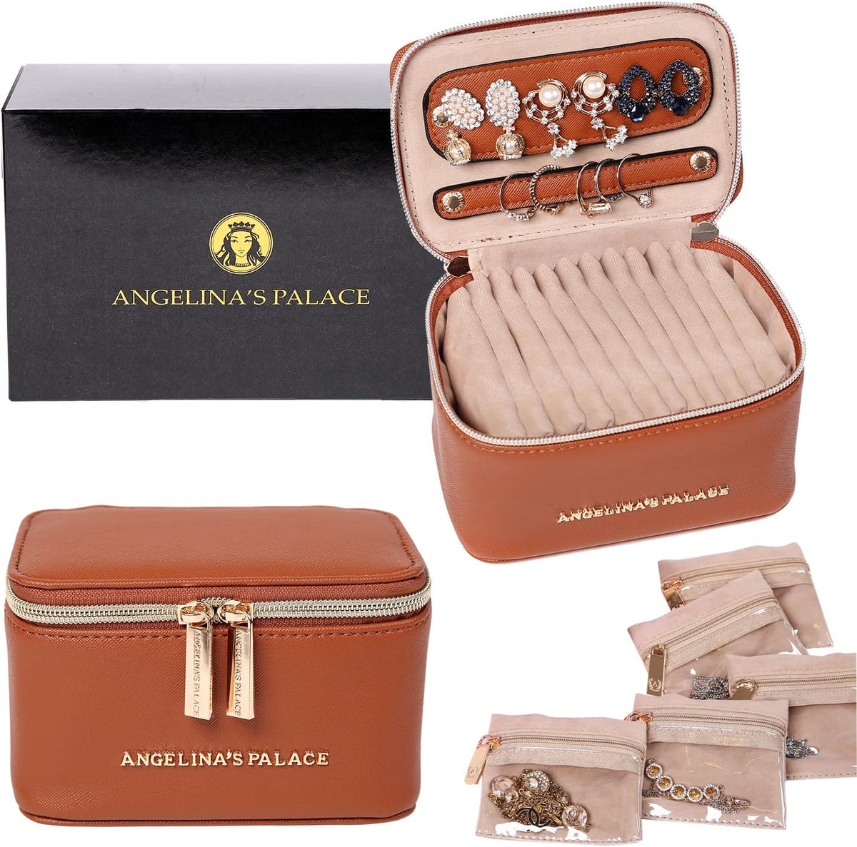 Jewelry Organizer Case Bridesmaid Gifts Travel Bag Vegan Leather Box for Necklace Earring Bracelet Ring(champagne)