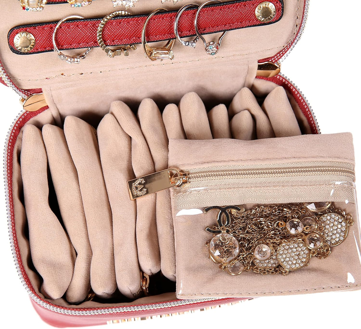 Jewelry Organizer Case Bridesmaid Gifts Travel Bag Vegan Leather Box for Necklace Earring Bracelet Ring(champagne)