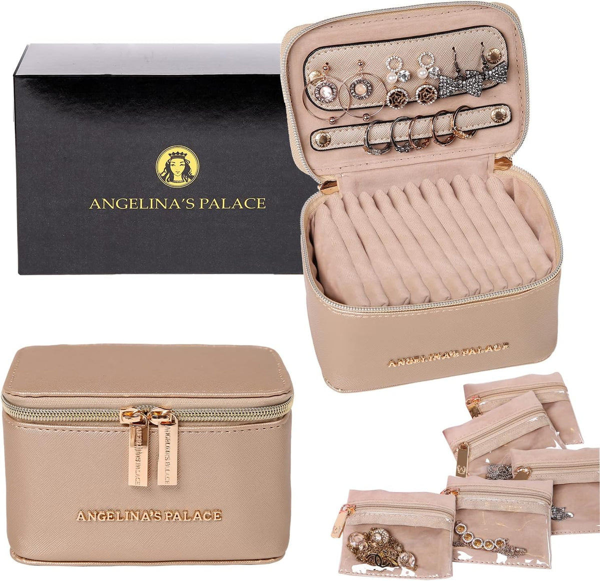 Jewelry Organizer Case Bridesmaid Gifts Travel Bag Vegan Leather Box for Necklace Earring Bracelet Ring(champagne)