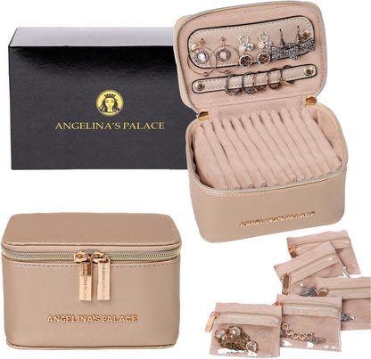 Jewelry Organizer Case Bridesmaid Gifts Travel Bag Vegan Leather Box for Necklace Earring Bracelet Ring(champagne)