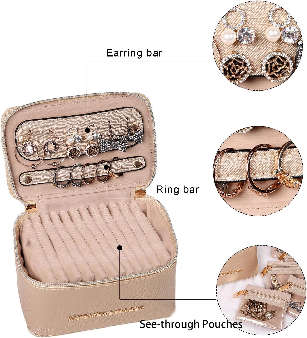 Jewelry Organizer Case Bridesmaid Gifts Travel Bag Vegan Leather Box for Necklace Earring Bracelet Ring(champagne)