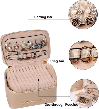 Jewelry Organizer Case Bridesmaid Gifts Travel Bag Vegan Leather Box for Necklace Earring Bracelet Ring(champagne)