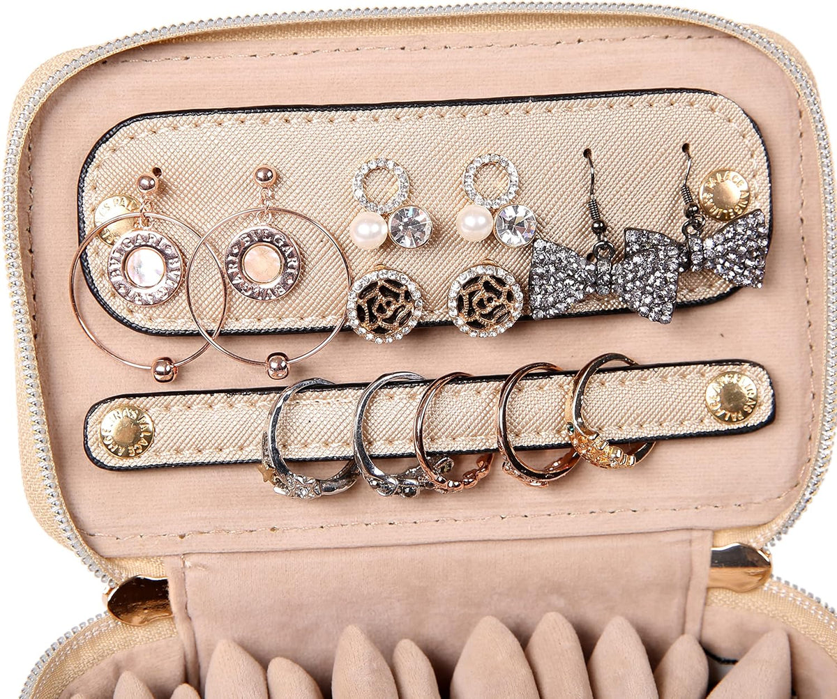 Jewelry Organizer Case Bridesmaid Gifts Travel Bag Vegan Leather Box for Necklace Earring Bracelet Ring(champagne)